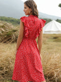 WomanElegant Dot Print Chic Dress Women Butterfly Sleeve Ruffles Medium Long Chiffon Dress