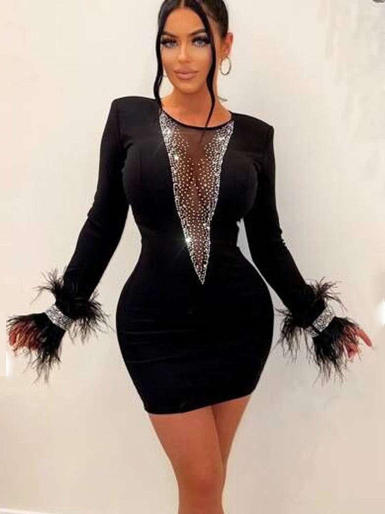 Women Sexy White Mesh Patchwork Skinny Mini Dress Women Feather Long Sleeve See Through Bodycon Birthday Clubwear Dress