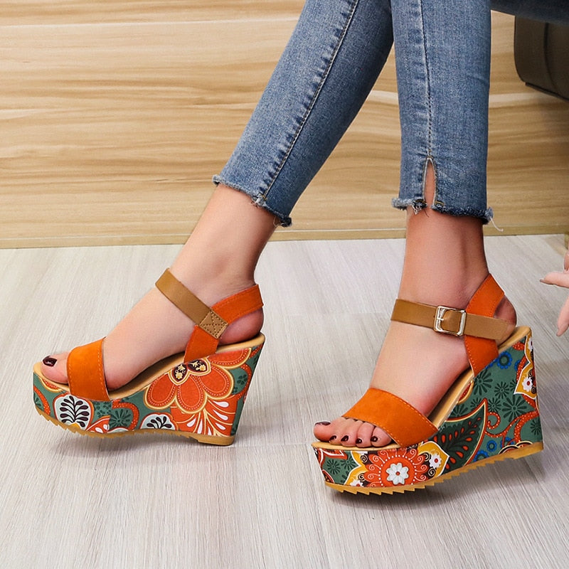 Summer Woman Pumps Ethnic 10cm Women Sandals Floral-cloth Wedges Shoes Ladies Party High Heels 2022 Thick Platform Female Heels