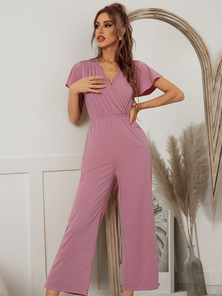Women 2021 New Spring Summer Jumpsuit Short Sleeve V Neck Sexy One Piece Pants For Ladies Causal Fashion High Waist Jumpsuits