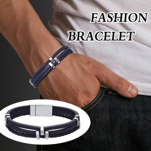 Black Blue Genuine Leather Bracelets for Men, Layering Stacked Braided Bangle, Casual Business Gentle Wristband