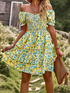 Women French Romantic Floral Dress Spring Summer Square Neck Short Sleeve High Waist Cake Dress 2023 New