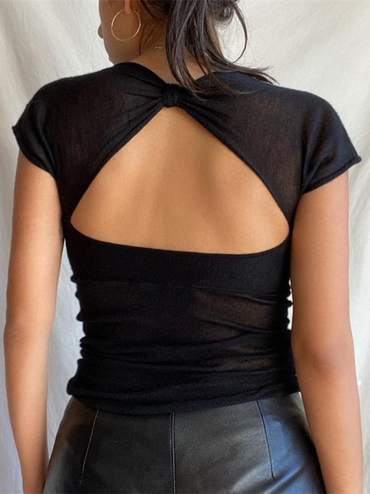 Women Square Collar Summer Sexy Backless Top, Cropped Short Sleeve Elegant Top Tees Skinny Streetwear Clothes