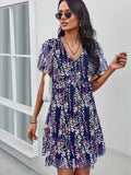 Sexy V Neck Floral Dress Women Short Sleeve High Waist Print Dresses Ladies Summer Chiffon Dress