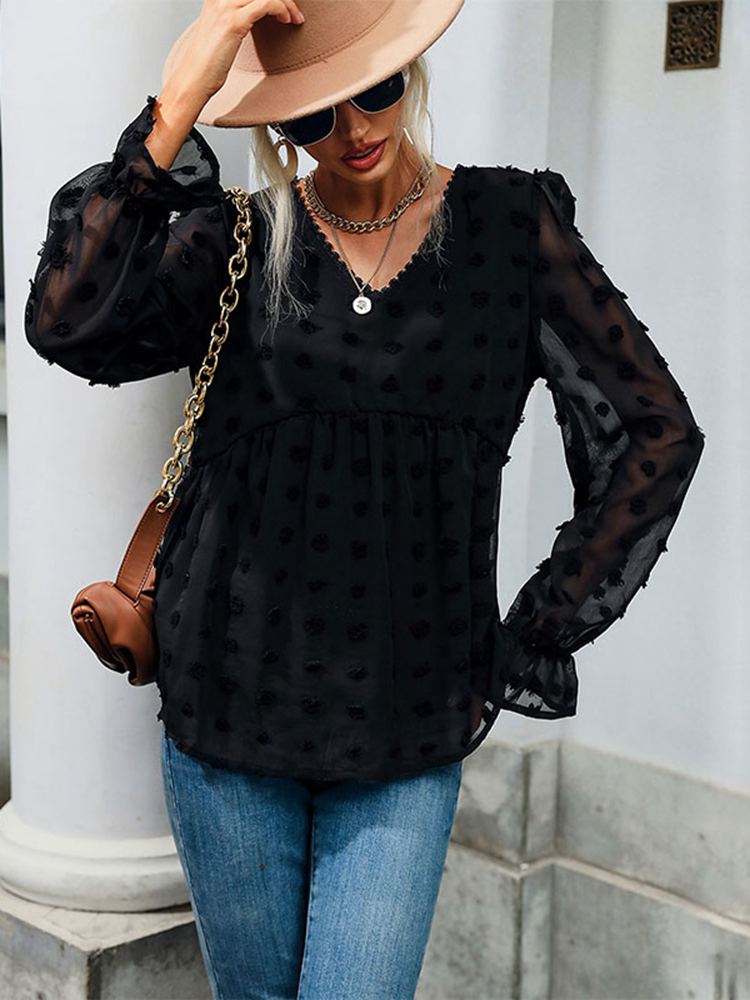 2022 New Women Summer V Neck Solid Color Long Sleeve Loose Top Pullover Mesh Fashion Black Shirt Blouses