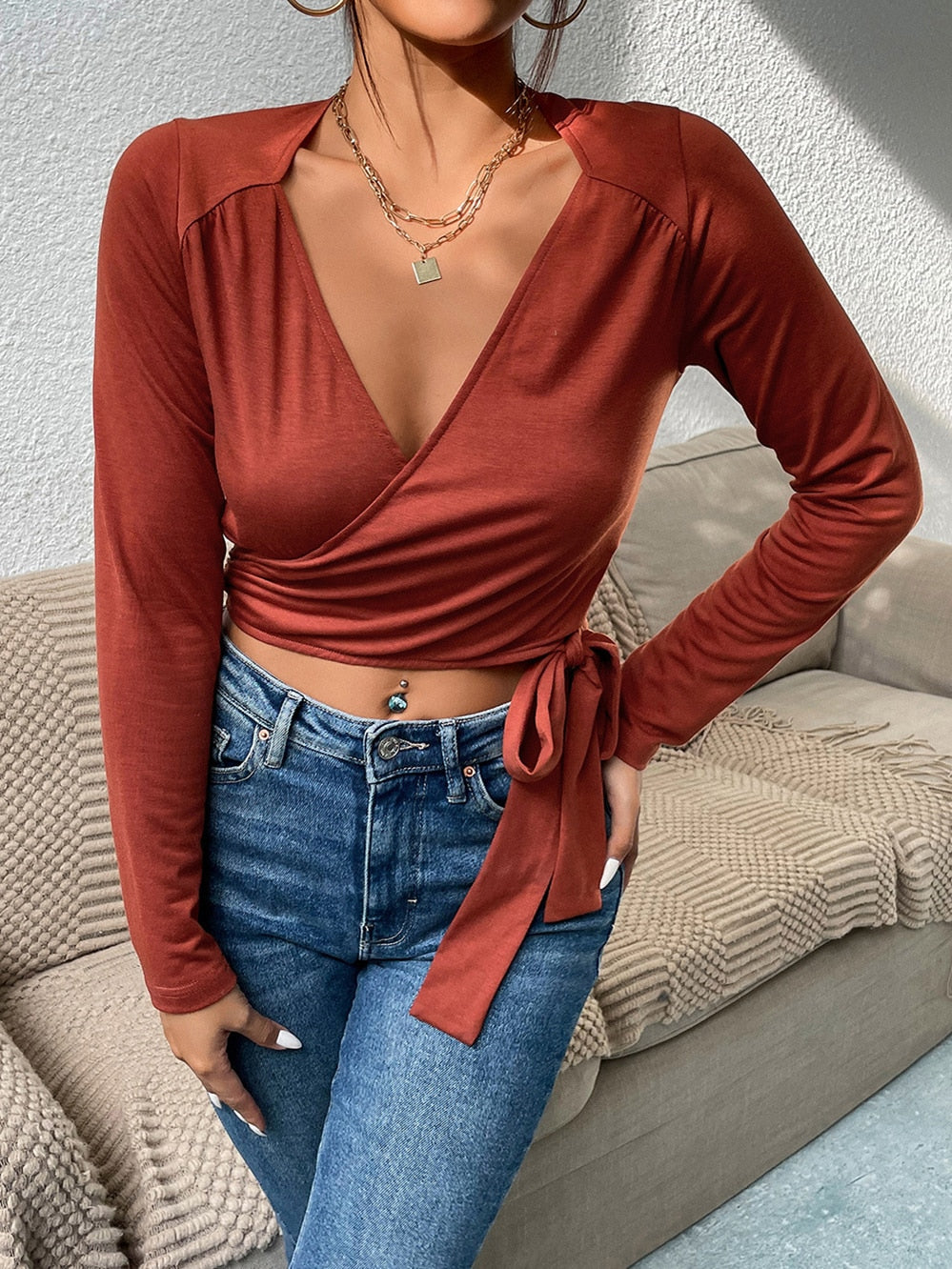 2022 New Women Slim Knit Solid Color V Neck Sexy Chic Blouse For Ladies Fashion Lace Up Long Sleeve Shirt Tops