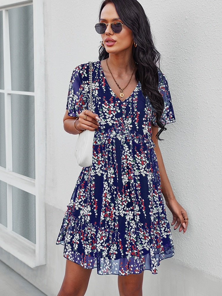 Sexy V Neck Floral Dress Women Short Sleeve High Waist Print Dresses Ladies Summer Chiffon Dress