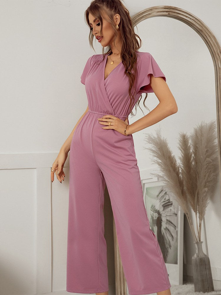 Women 2021 New Spring Summer Jumpsuit Short Sleeve V Neck Sexy One Piece Pants For Ladies Causal Fashion High Waist Jumpsuits