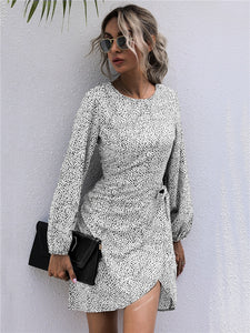 Autumn Winter Asymmetrical Dress Women Casual Full Sleeve Slim Leopard Bandage Print Short Dress 2022 New