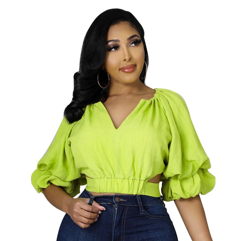 Women Bow Back Cut Out Waist Lantern Three Quarter Sleeve V-neck Blouse and Shirt Tops for 2022 New Summer Spring