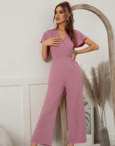 Women 2021 New Spring Summer Jumpsuit Short Sleeve V Neck Sexy One Piece Pants For Ladies Causal Fashion High Waist Jumpsuits