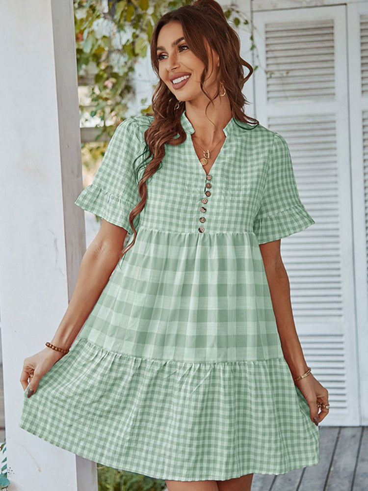 2022 New Spring Summer Loose Short Plaid Dress Women Casual Button V-neck Temperament Patchwork Short Sleeve Mini Dress