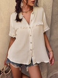 Summer Single Breasted Blouses Women Cotton 2022 New Short Sleeve Loose O Neck Fashion Sexy Shirt Top Casual