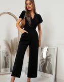 Women 2021 New Spring Summer Jumpsuit Short Sleeve V Neck Sexy One Piece Pants For Ladies Causal Fashion High Waist Jumpsuits