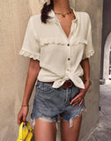 Summer Single Breasted Blouses Women Cotton 2022 New Short Sleeve Loose O Neck Fashion Sexy Shirt Top Casual