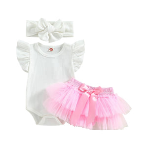 0-18M Newborn Baby Girls 3Pcs Summer Outfits Fly Sleeve Ribbed Bodysuit Pink Tutu Shorts Headband Set