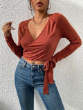 2022 New Women Slim Knit Solid Color V Neck Sexy Chic Blouse For Ladies Fashion Lace Up Long Sleeve Shirt Tops