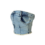 women fashion blue color sexy strapless denim tube crop top , summer zipper up corset