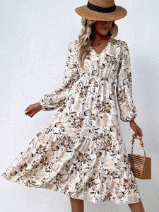 Women Autumn Fashion V Neck Puff Sleeve High Waist Split Swing Floral Printed Long Dress For Female