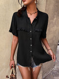 Summer Single Breasted Blouses Women Cotton 2022 New Short Sleeve Loose O Neck Fashion Sexy Shirt Top Casual