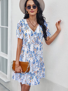 Sexy V Neck Floral Dress Women Short Sleeve High Waist Print Dresses Ladies Summer Chiffon Dress