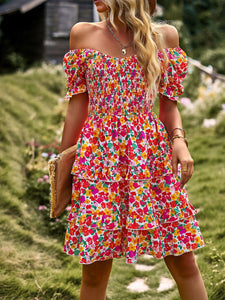 Women French Romantic Floral Dress Spring Summer Square Neck Short Sleeve High Waist Cake Dress 2023 New