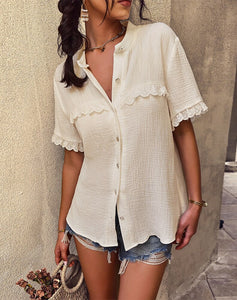 Summer Single Breasted Blouses Women Cotton 2022 New Short Sleeve Loose O Neck Fashion Sexy Shirt Top Casual