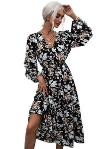 Women Autumn Fashion V Neck Puff Sleeve High Waist Split Swing Floral Printed Long Dress For Female