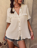 Summer Single Breasted Blouses Women Cotton 2022 New Short Sleeve Loose O Neck Fashion Sexy Shirt Top Casual