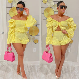 Women Sexy Long Puff Sleeve Shorts Sets ,Stretchy Chest Crop Top and Mini Shorts Summer 2 Piece Casual Outfit Ruffled Clothes