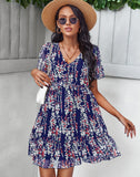 Sexy V Neck Floral Dress Women Short Sleeve High Waist Print Dresses Ladies Summer Chiffon Dress