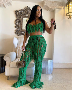 Beach Knit Crochet Tassel Women&#39;s Set Halter Neck Crop Top + Wide Leg Pants Suit 2023 Two 2 Piece Set Outfit Tracksuit