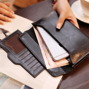 Genuine Leather Wallet Women Fashion Money Bag with Magnetic Buckle Long Wallet Pocket Handbag Leather Card Holder for Women