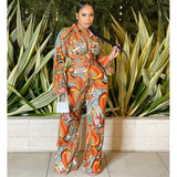 Women Fashion Print Sheer Mesh 3 Piece Sets , Long Sleeve Shirt + Bra Top + Wide Leg Pants Casual Suit