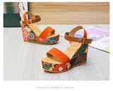 Summer Woman Pumps Ethnic 10cm Women Sandals Floral-cloth Wedges Shoes Ladies Party High Heels 2022 Thick Platform Female Heels