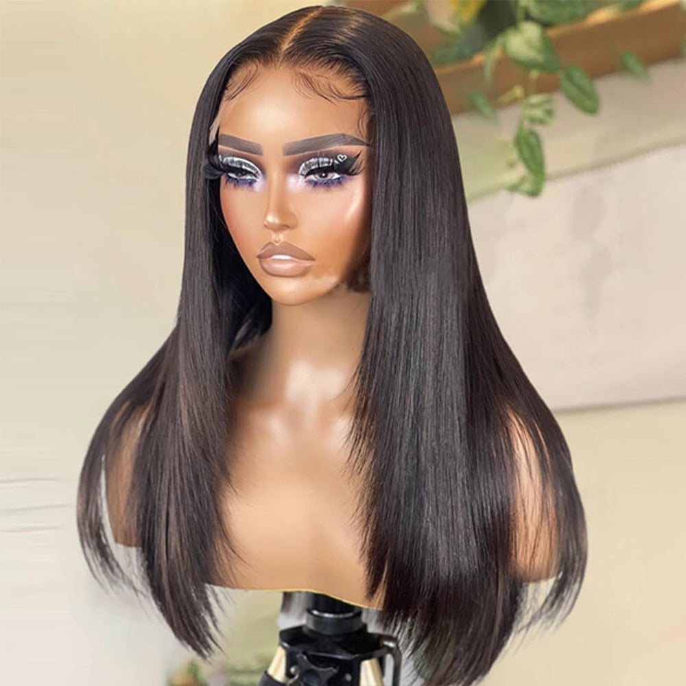 Layered Cut Straight Lace Front Wigs Free Part Brazilian Layered Human Hair Wigs for Women Pre Plucked Baby Hair Natural Black