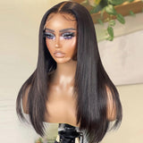 Layered Cut Straight Lace Front Wigs Free Part Brazilian Layered Human Hair Wigs for Women Pre Plucked Baby Hair Natural Black