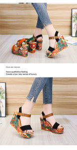 Summer Woman Pumps Ethnic 10cm Women Sandals Floral-cloth Wedges Shoes Ladies Party High Heels 2022 Thick Platform Female Heels