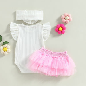 0-18M Newborn Baby Girls 3Pcs Summer Outfits Fly Sleeve Ribbed Bodysuit Pink Tutu Shorts Headband Set