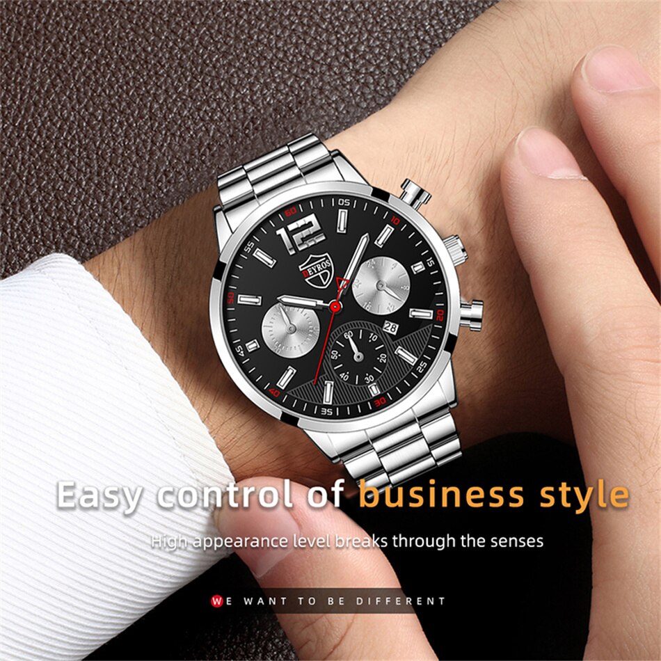Fashion Mens Watches Luxury Black Stainless Steel Quartz Wrist Watch Man  Business Watch for Men Calendar Clock Reloj Hombre