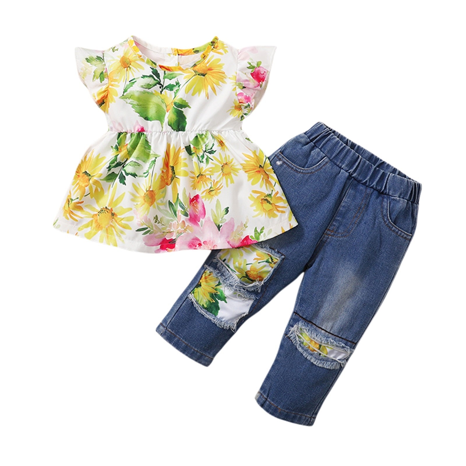 0-6Years Toddler Kid Baby Girl Outfits Fly Sleeve Flower Printed Dress Tops Elastic Waist Denim Pants