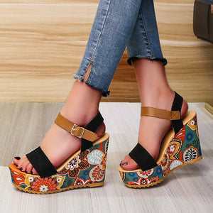 Summer Woman Pumps Ethnic 10cm Women Sandals Floral-cloth Wedges Shoes Ladies Party High Heels 2022 Thick Platform Female Heels