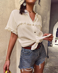 Summer Single Breasted Blouses Women Cotton 2022 New Short Sleeve Loose O Neck Fashion Sexy Shirt Top Casual