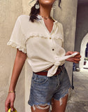 Summer Single Breasted Blouses Women Cotton 2022 New Short Sleeve Loose O Neck Fashion Sexy Shirt Top Casual