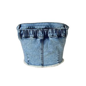 women fashion blue color sexy strapless denim tube crop top , summer zipper up corset