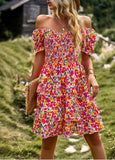 Women French Romantic Floral Dress Spring Summer Square Neck Short Sleeve High Waist Cake Dress 2023 New