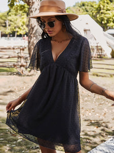 Spring Summer Sexy V Neck Solid Dress Women High Waist Jacquard Short Sleeve Dress Fashion Loose