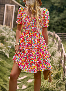 Women French Romantic Floral Dress Spring Summer Square Neck Short Sleeve High Waist Cake Dress 2023 New