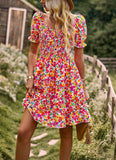 Women French Romantic Floral Dress Spring Summer Square Neck Short Sleeve High Waist Cake Dress 2023 New