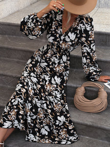 Women Autumn Fashion V Neck Puff Sleeve High Waist Split Swing Floral Printed Long Dress For Female